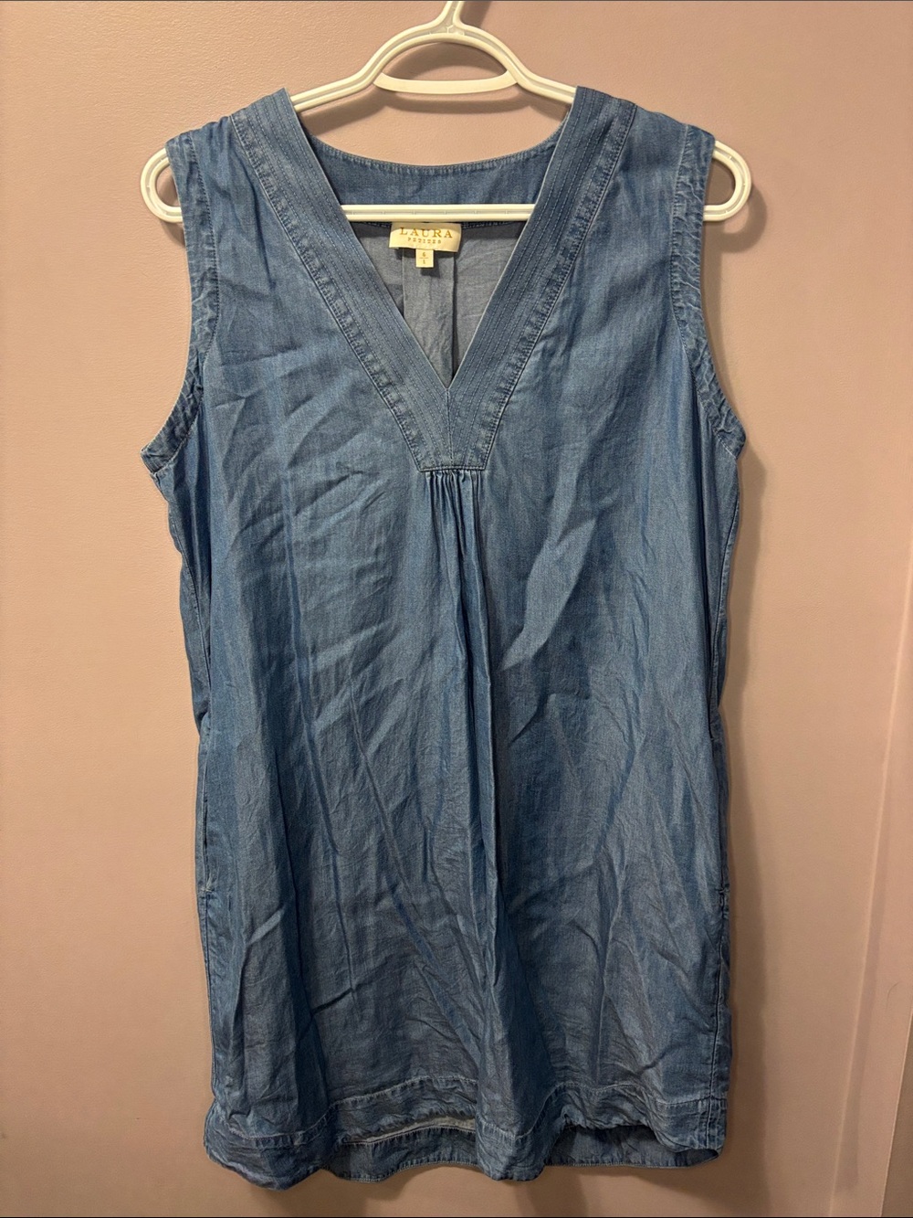 Laura Petites Chambray Sleeveless Tunic Dress Blue Tencel V-Neck Large W/ Pocket